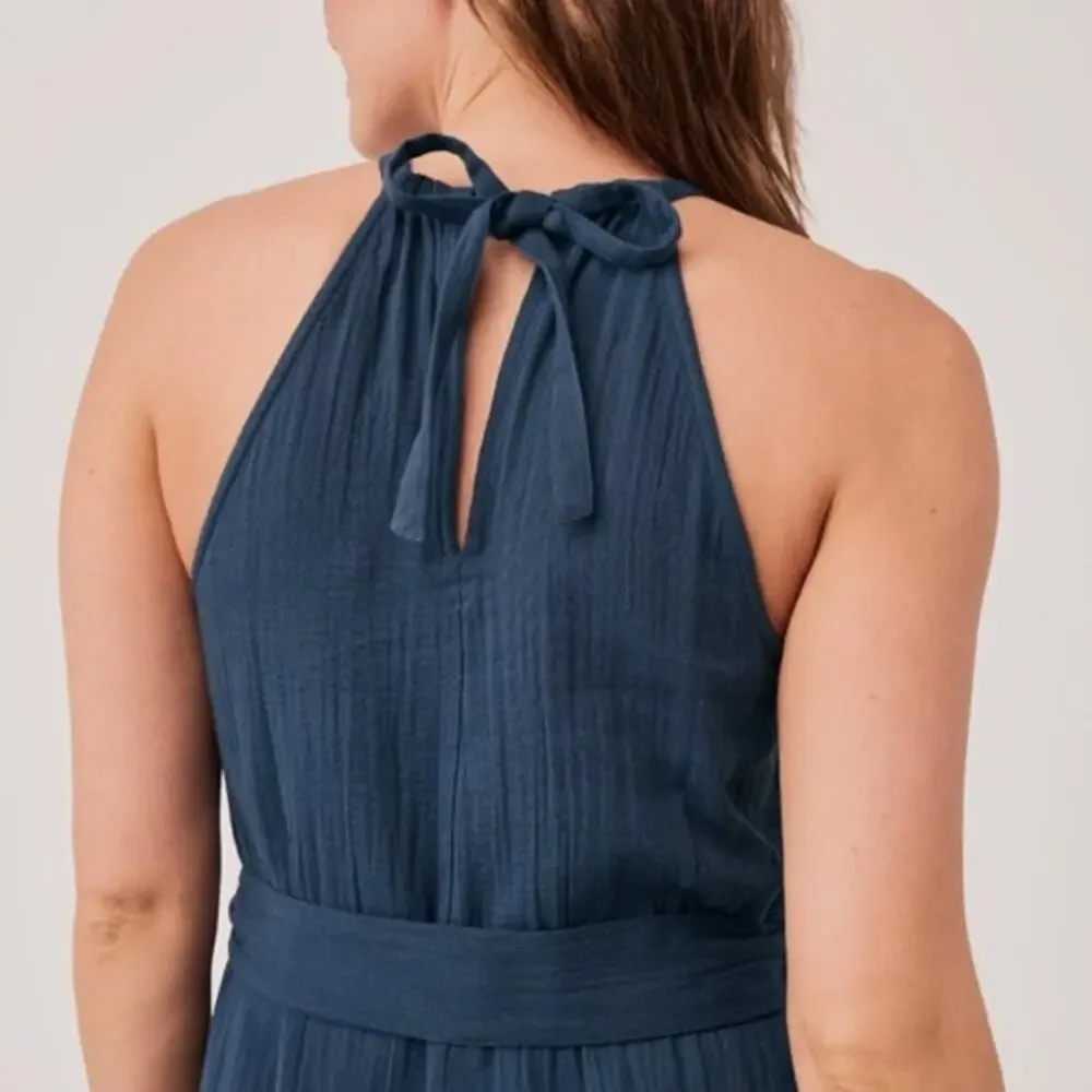 Pact Women’s Large Blue Coastal Beach Halter Jumpsuit Cotton Beachy Nautical - Picture 2 of 13